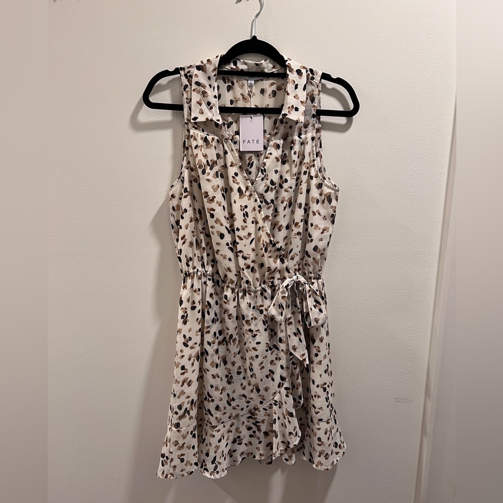 NWT Dress by FATE - Cream tan brown black sleeveless ruffle wrap dress Size L